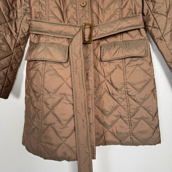 Loft Ann Taylor Quilted Trench Coat Women Medium Tan Gold Belted Button Outdoor - Picture 3 of 10